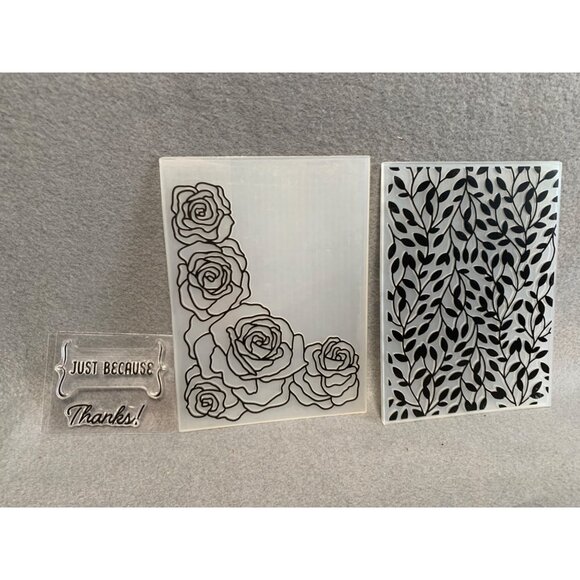 Embossing Folders & Stamps Set - 4 Pc - Floral & Leaves Design - "Just Because" - Picture 2 of 5